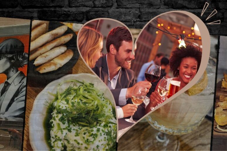 A heart shape frames a joyful group of singles toasting with wine and beer, capturing the spirit of a walking food tour. The background features murals of a musician, bread, and a herb-topped dish, enhancing the festive and artistic atmosphere.
